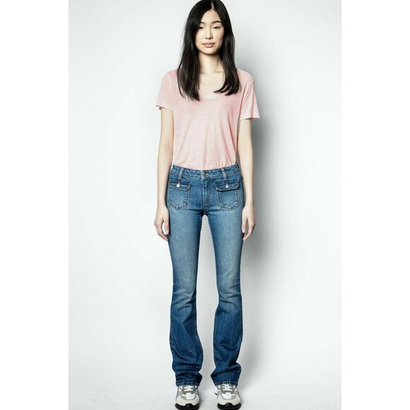 Zadig & Voltaire Atal Lin Solid T-Shirt Blouse Top Henley Pink Causal M 221937 - Picture 2 of 8